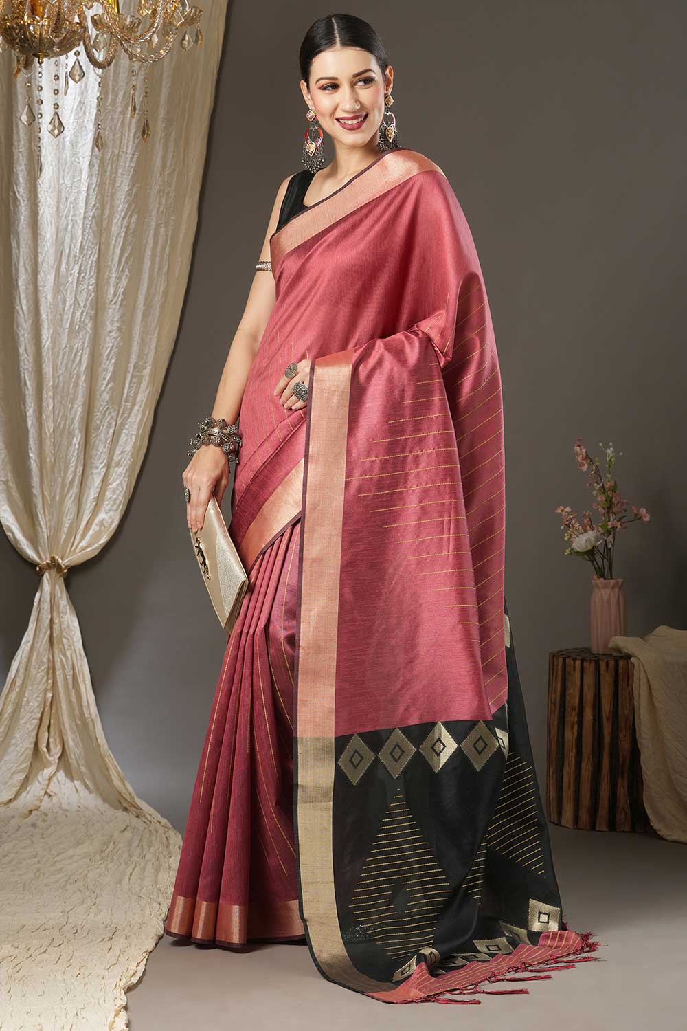 Reena Pink Cotton Silk Abstract Woven Design Banarasi One Minute Saree
