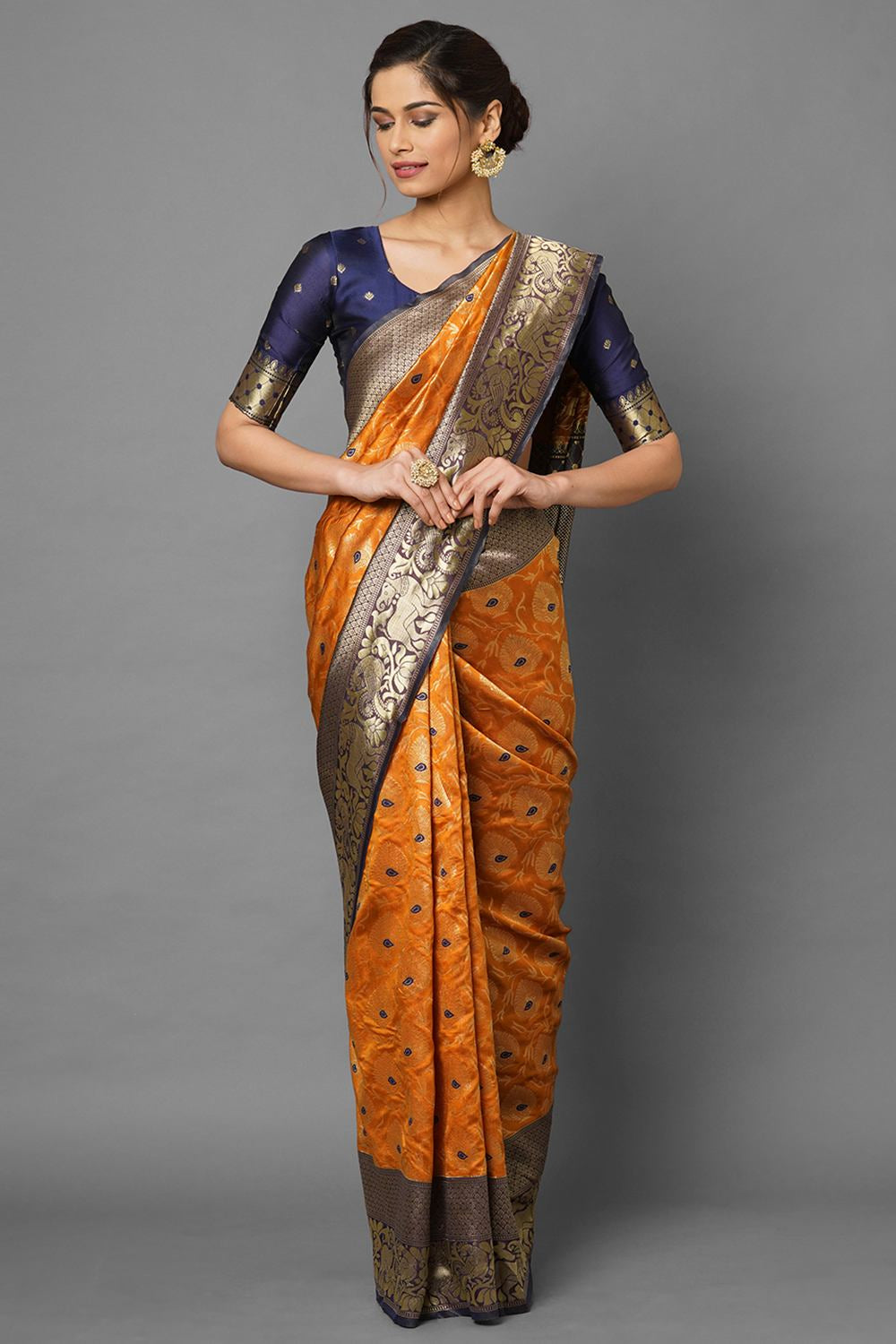 Buy Women's Mustard Zari Silk Blend One Minute Saree