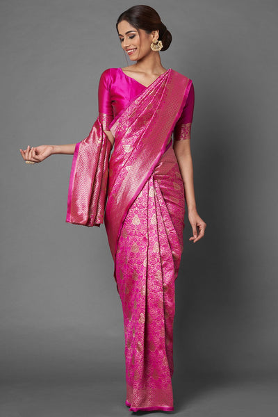 Buy Women's Pink Zari Silk Blend One Minute Saree