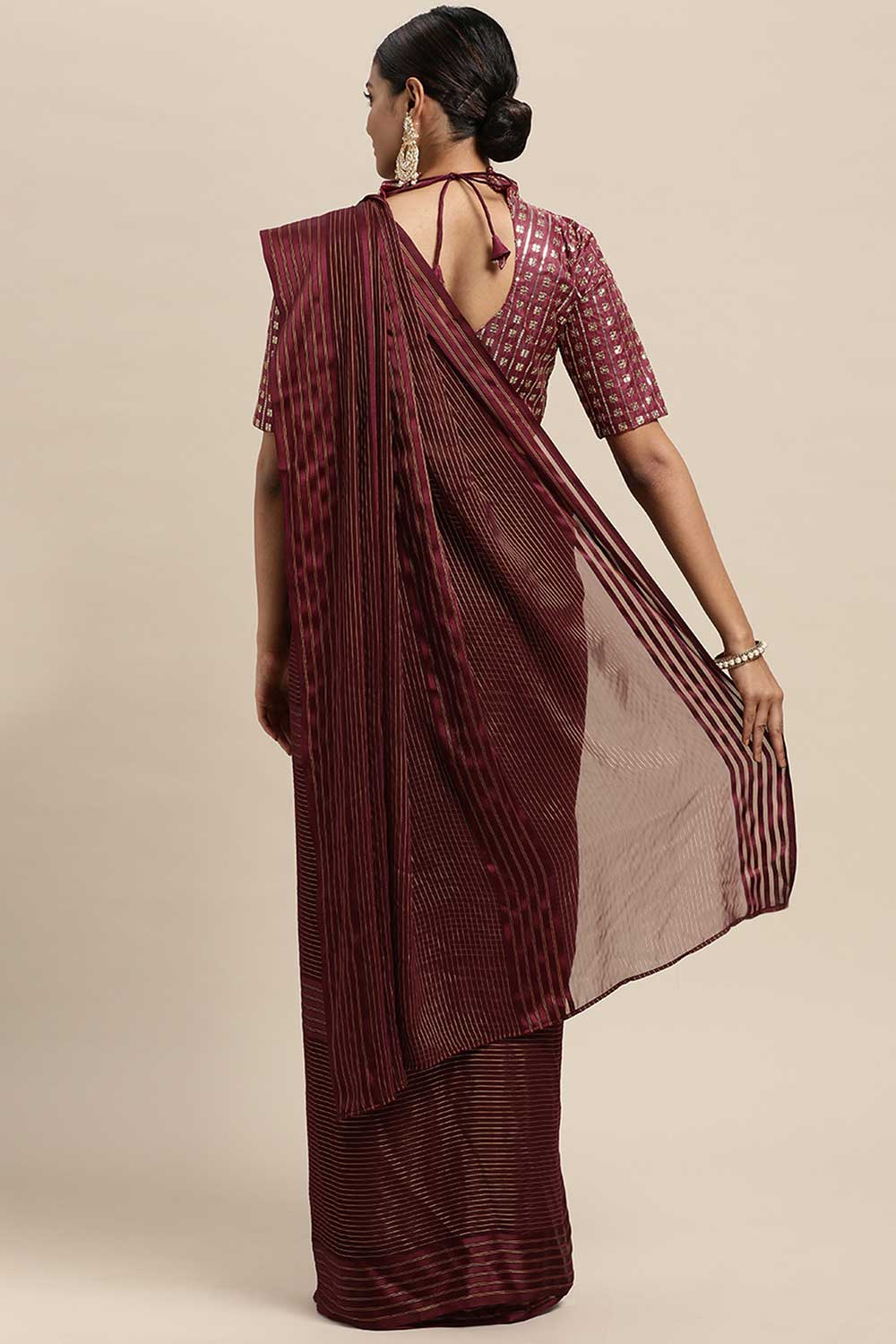Buy Georgette Striped Saree in Magenta Online - Back