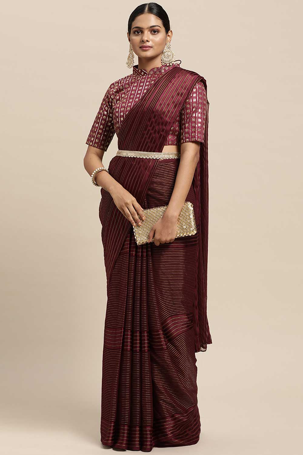 Buy Georgette Striped Saree in Magenta Online - Zoom In