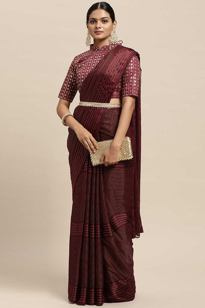 Buy Georgette Striped Saree in Magenta Online - Zoom In