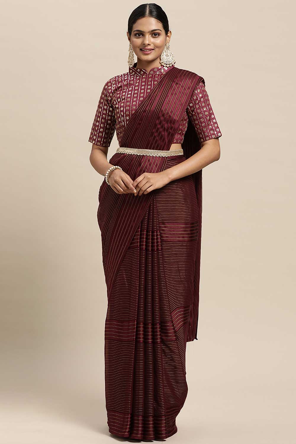 Buy Georgette Striped Saree in Magenta Online