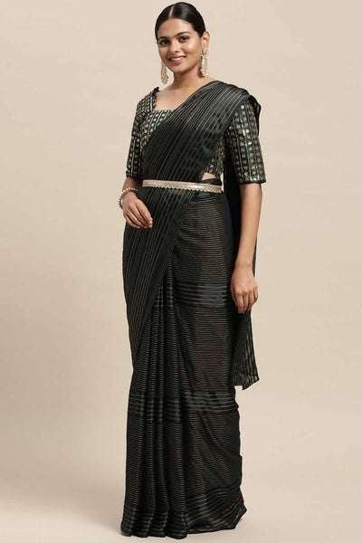 Buy Georgette Striped Saree in Green Online - Zoom In