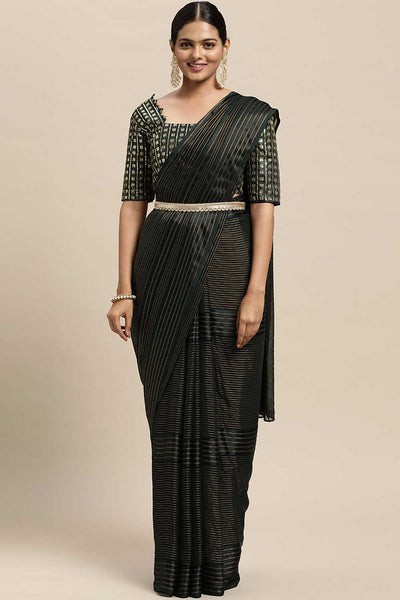 Buy Georgette Striped Saree in Green Online
