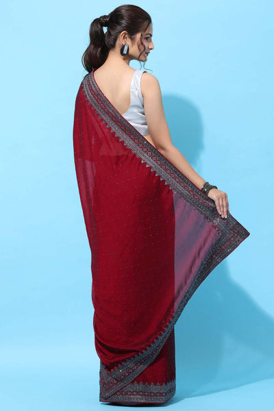 Buy Maroon Stone Embroidered Art Silk One Minute Saree - Front