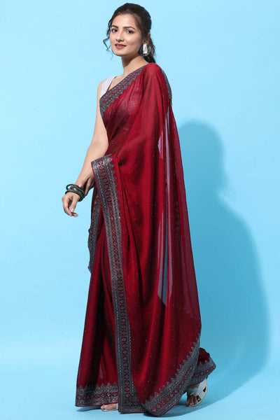 Buy Maroon Stone Embroidered Art Silk One Minute Saree - Side
