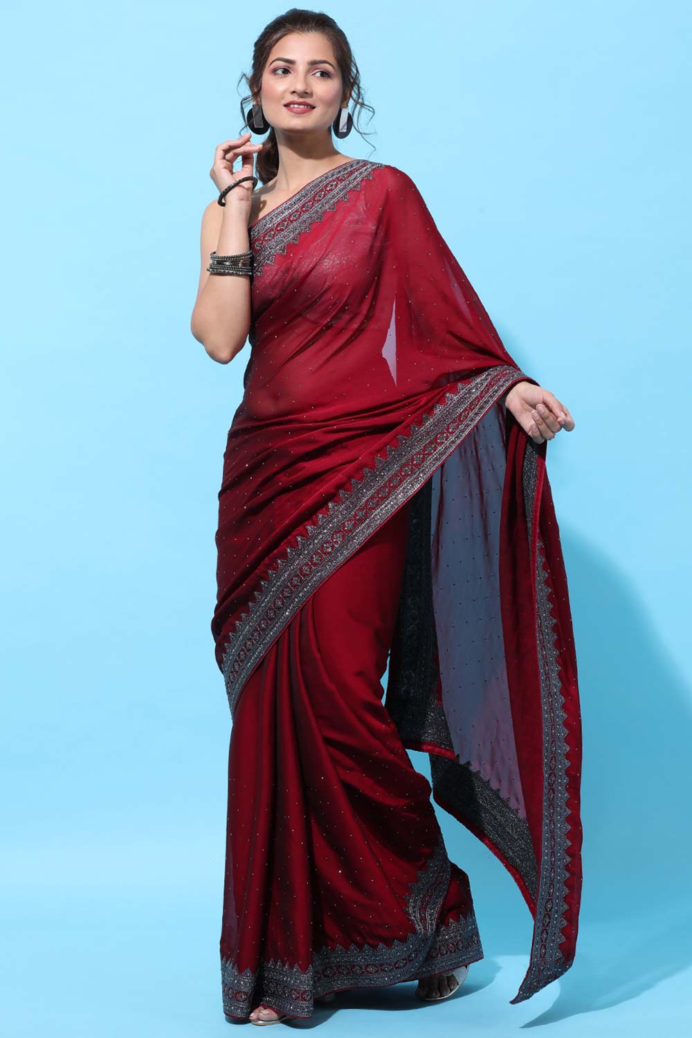 Buy Maroon Stone Embroidered Art Silk One Minute Saree - Online