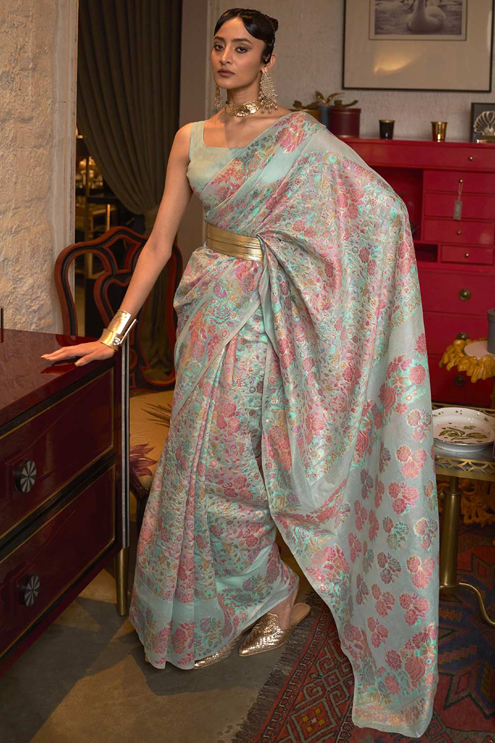 Buy Turquoise Art Silk Floral Design One Minute Saree Online