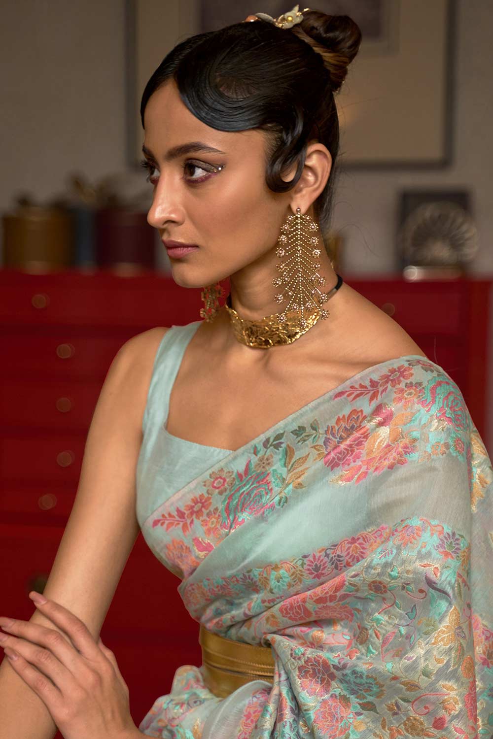 Buy Turquoise Art Silk Floral Design One Minute Saree Online