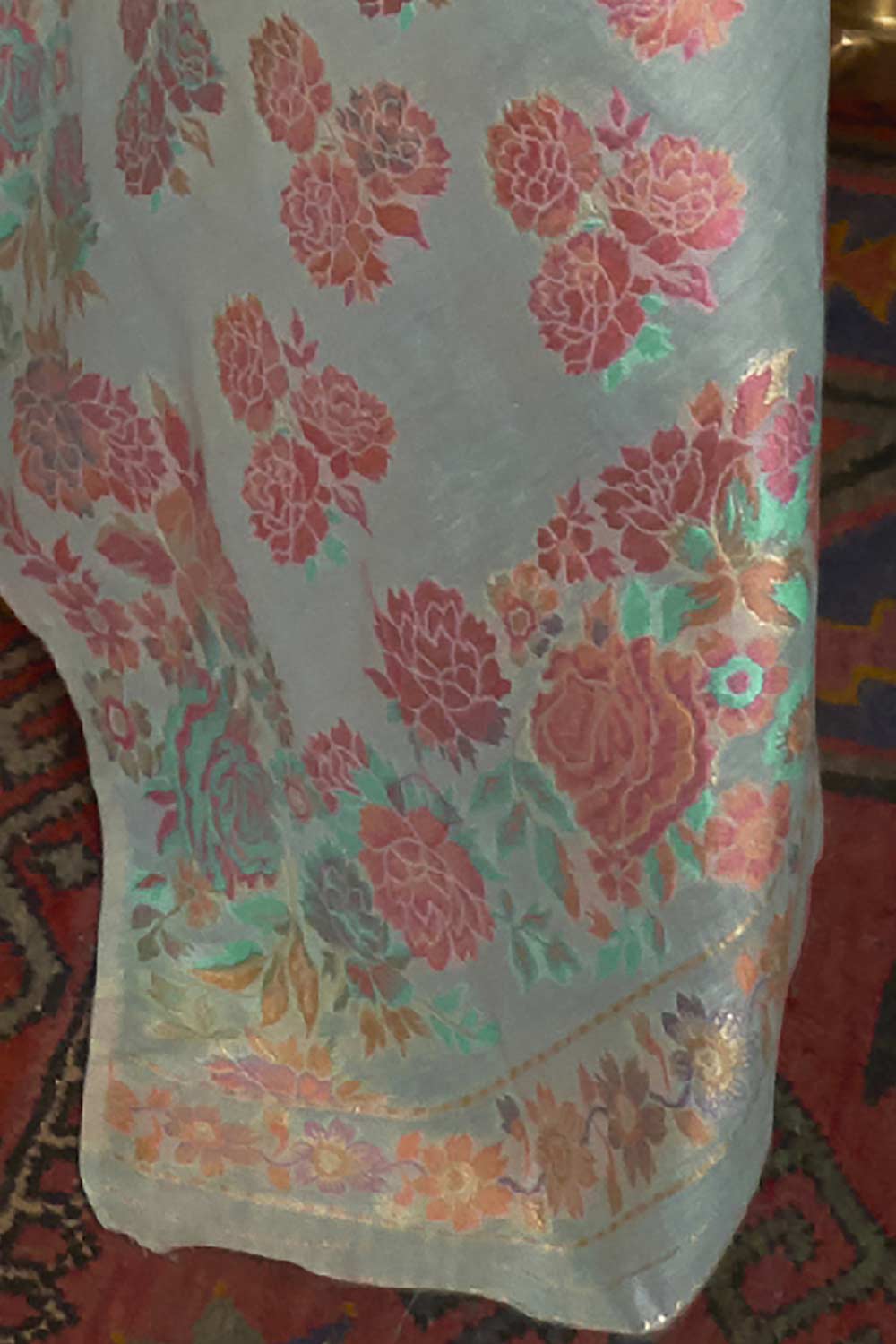 Buy Turquoise Art Silk Floral Design One Minute Saree Online - Side