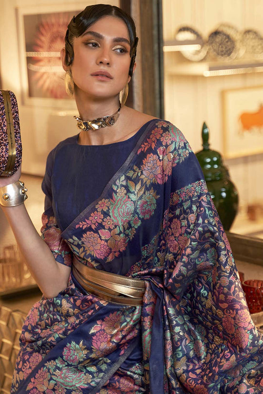 Buy Navy Blue Art Silk Floral Design One Minute Saree Online - Back