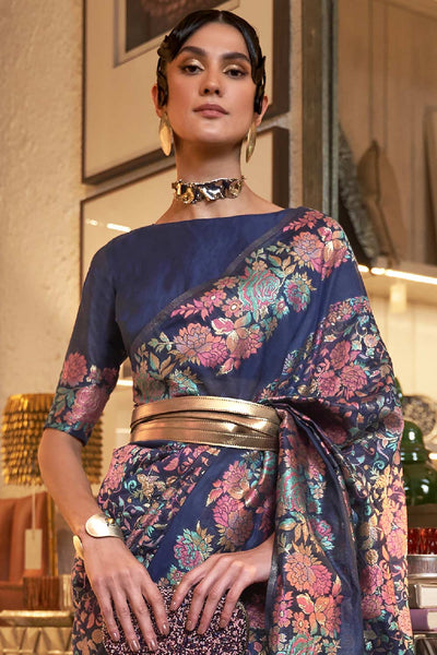 Buy Navy Blue Art Silk Floral Design One Minute Saree Online - Front