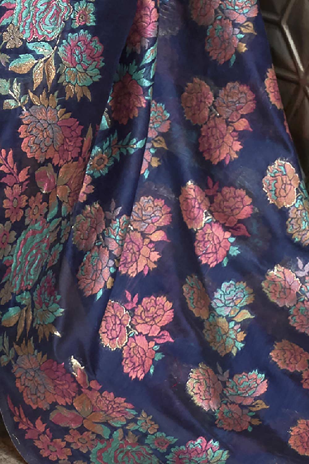 Buy Navy Blue Art Silk Floral Design One Minute Saree Online - Side