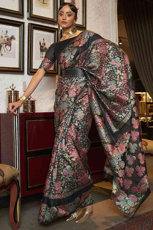 Buy Black Art Silk Floral Design One Minute Saree Online