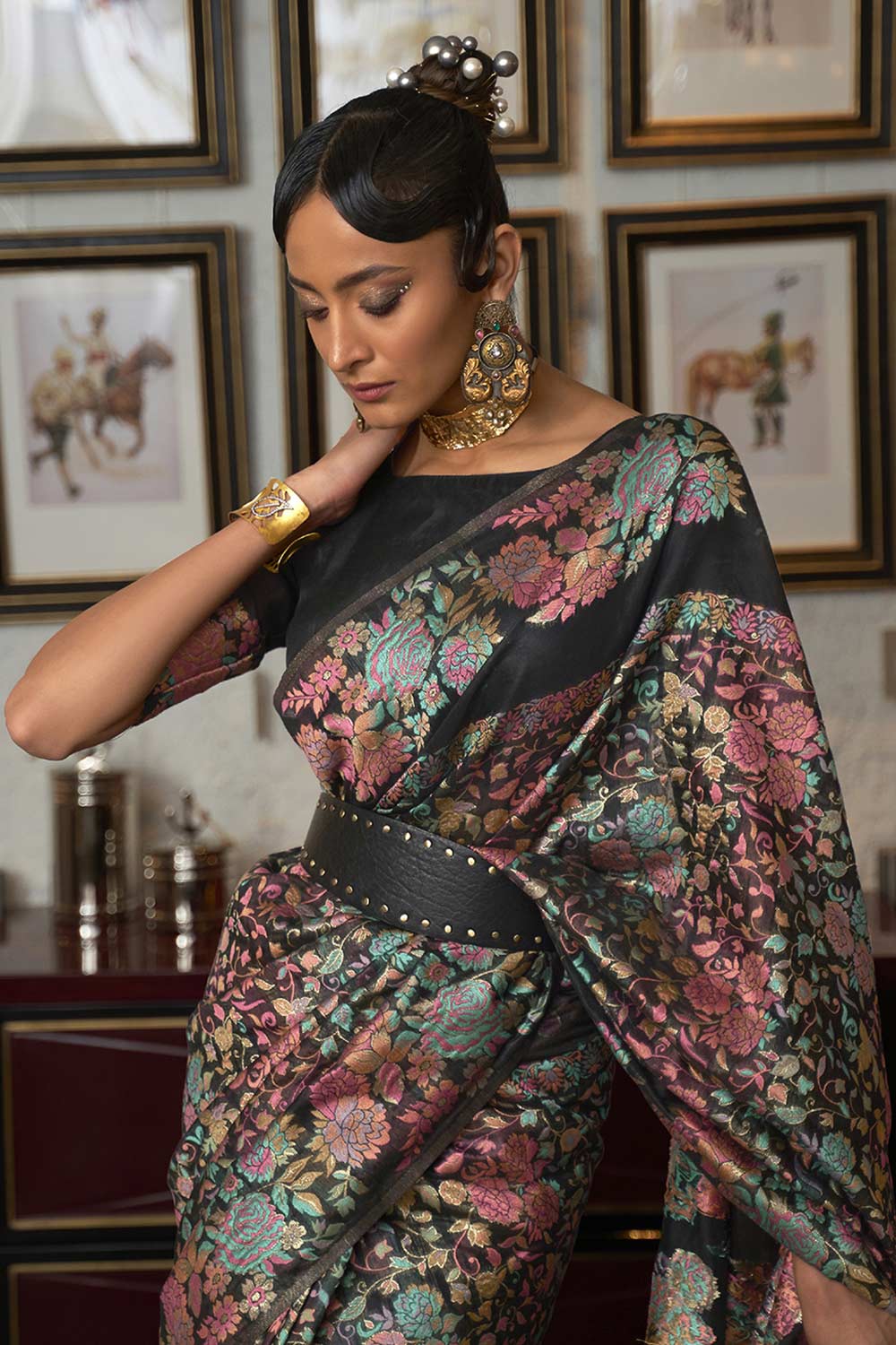 Buy Black Art Silk Floral Design One Minute Saree Online - Back