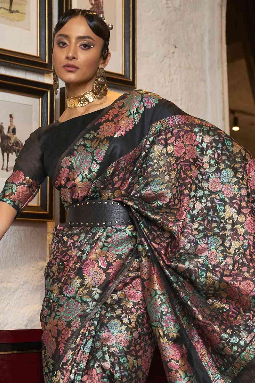 Buy Black Art Silk Floral Design One Minute Saree Online - Front