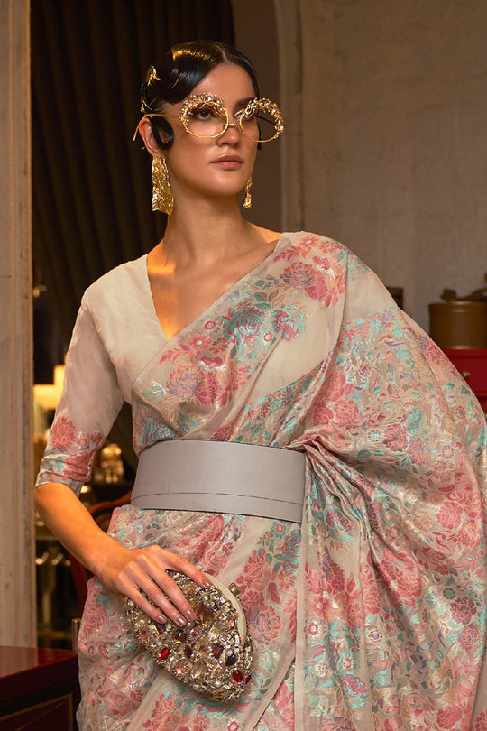 Buy Beige Art Silk Floral Design One Minute Saree Online - Front