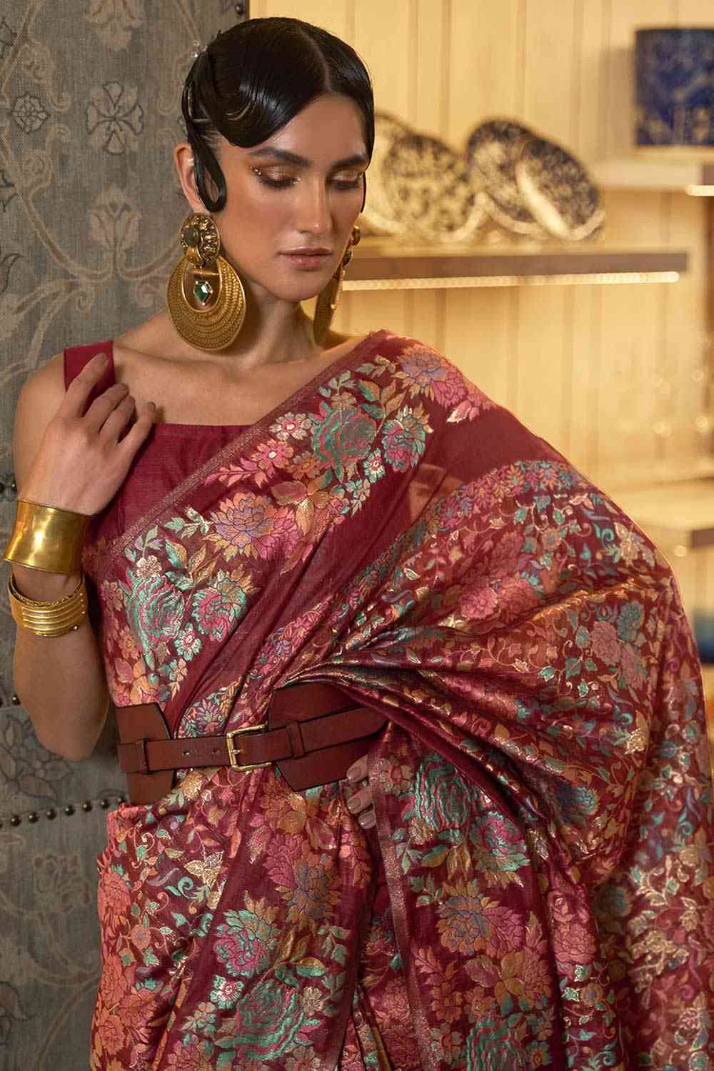 Buy Maroon Art Silk Floral Design One Minute Saree Online - Back