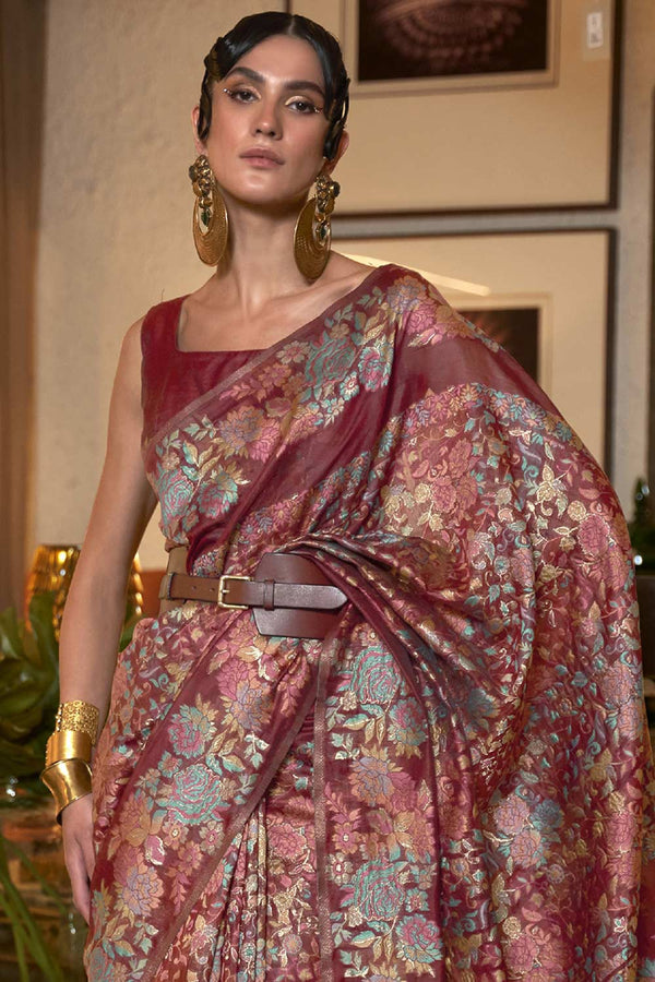 Buy Maroon Art Silk Floral Design One Minute Saree Online - Front