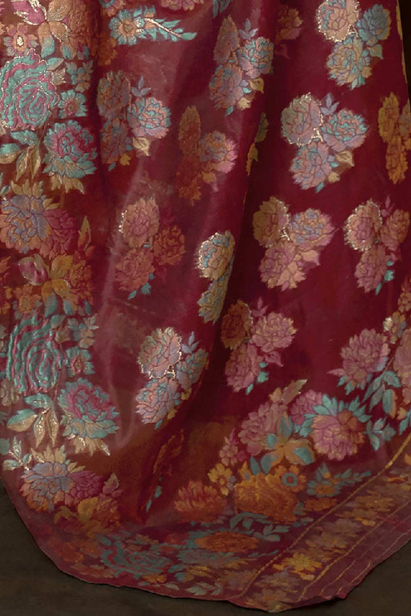 Buy Maroon Art Silk Floral Design One Minute Saree Online - Side