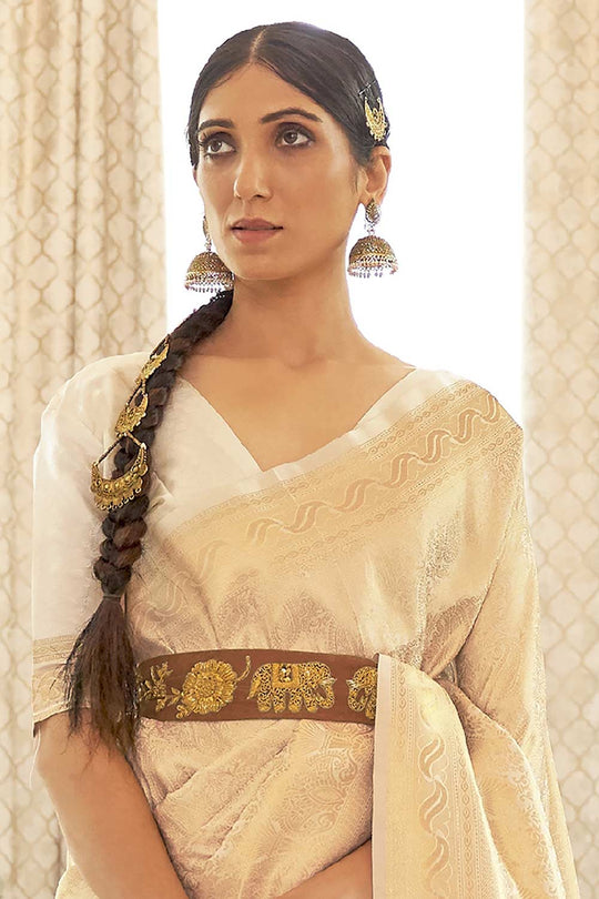 Buy Cream Art Silk Ethnic Motif Design One Minute Saree Online