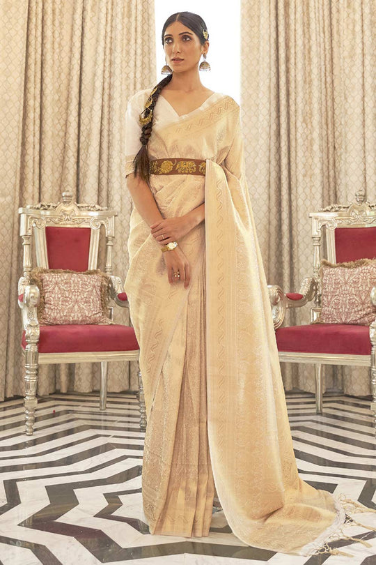 Buy Cream Art Silk Ethnic Motif Design One Minute Saree Online - Back