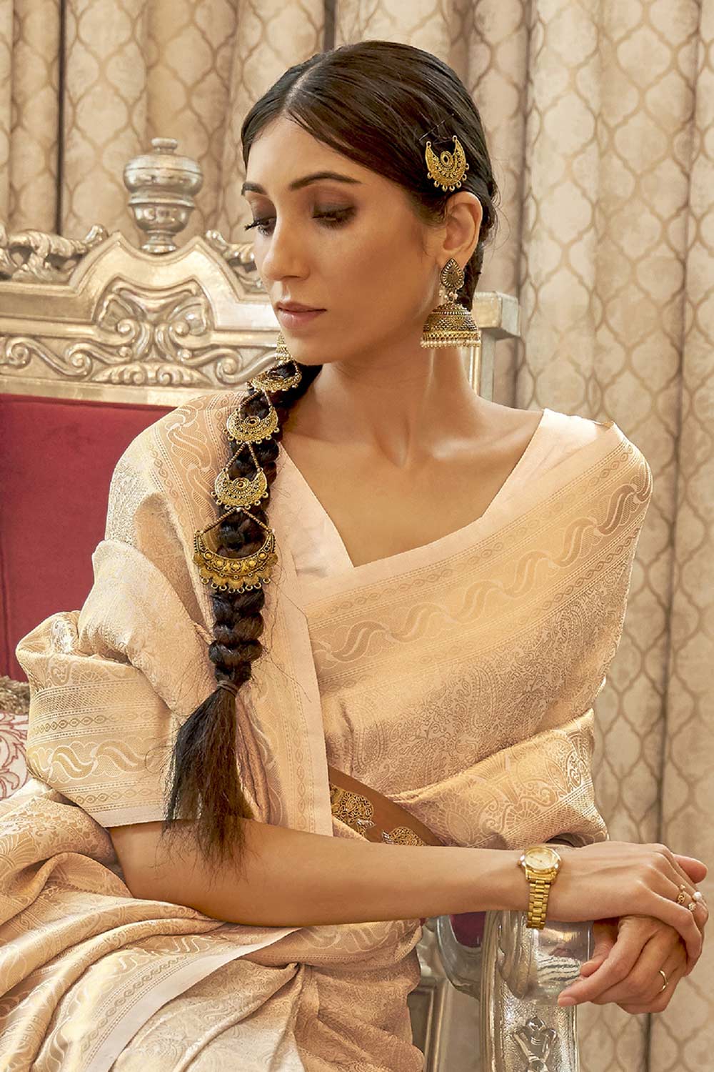 Buy Cream Art Silk Ethnic Motif Design One Minute Saree Online - Front