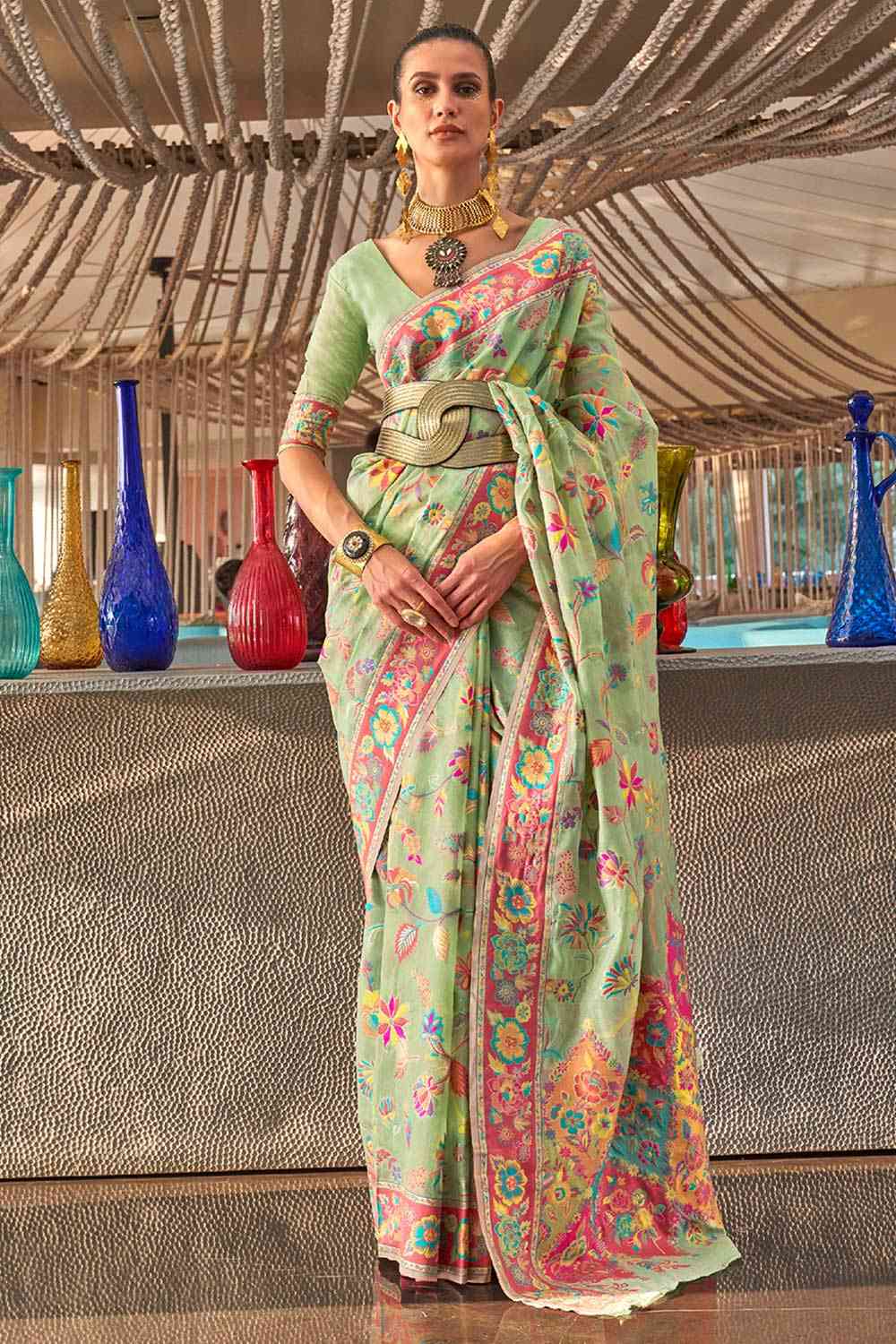 Buy Green Art Silk Botanical Design One Minute Saree Online