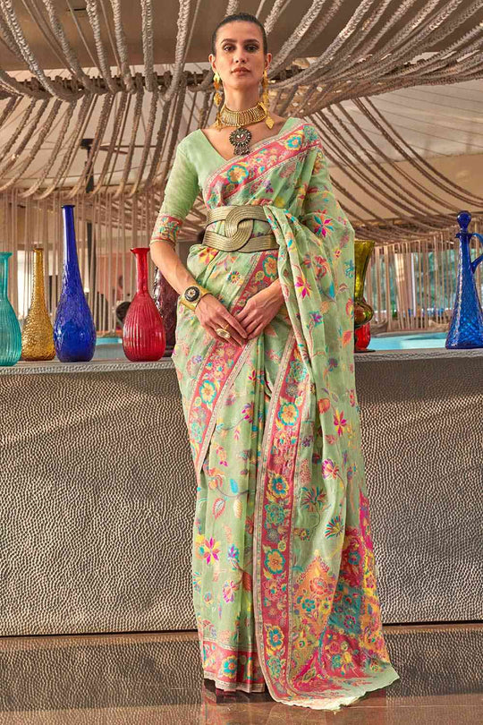 Buy Green Art Silk Botanical Design One Minute Saree Online