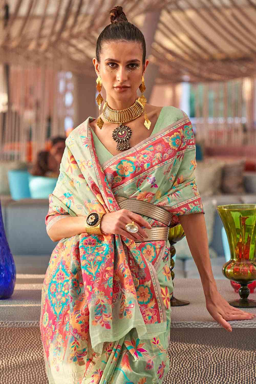 Buy Green Art Silk Botanical Design One Minute Saree Online