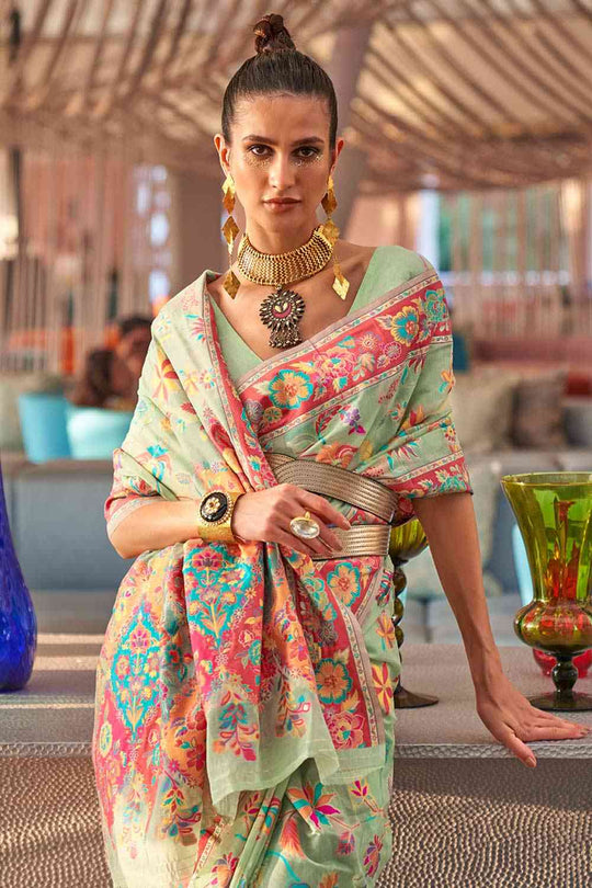 Buy Green Art Silk Botanical Design One Minute Saree Online - Back