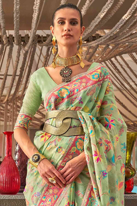 Buy Green Art Silk Botanical Design One Minute Saree Online - Front