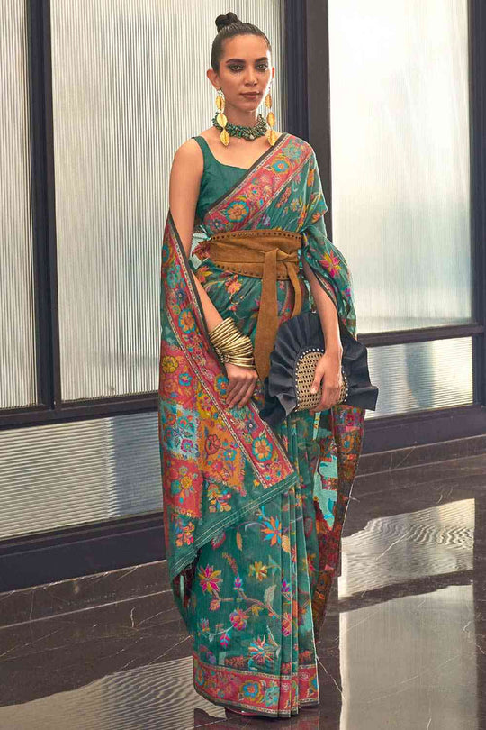 Buy Teal blue Art Silk Botanical Design One Minute Saree Online
