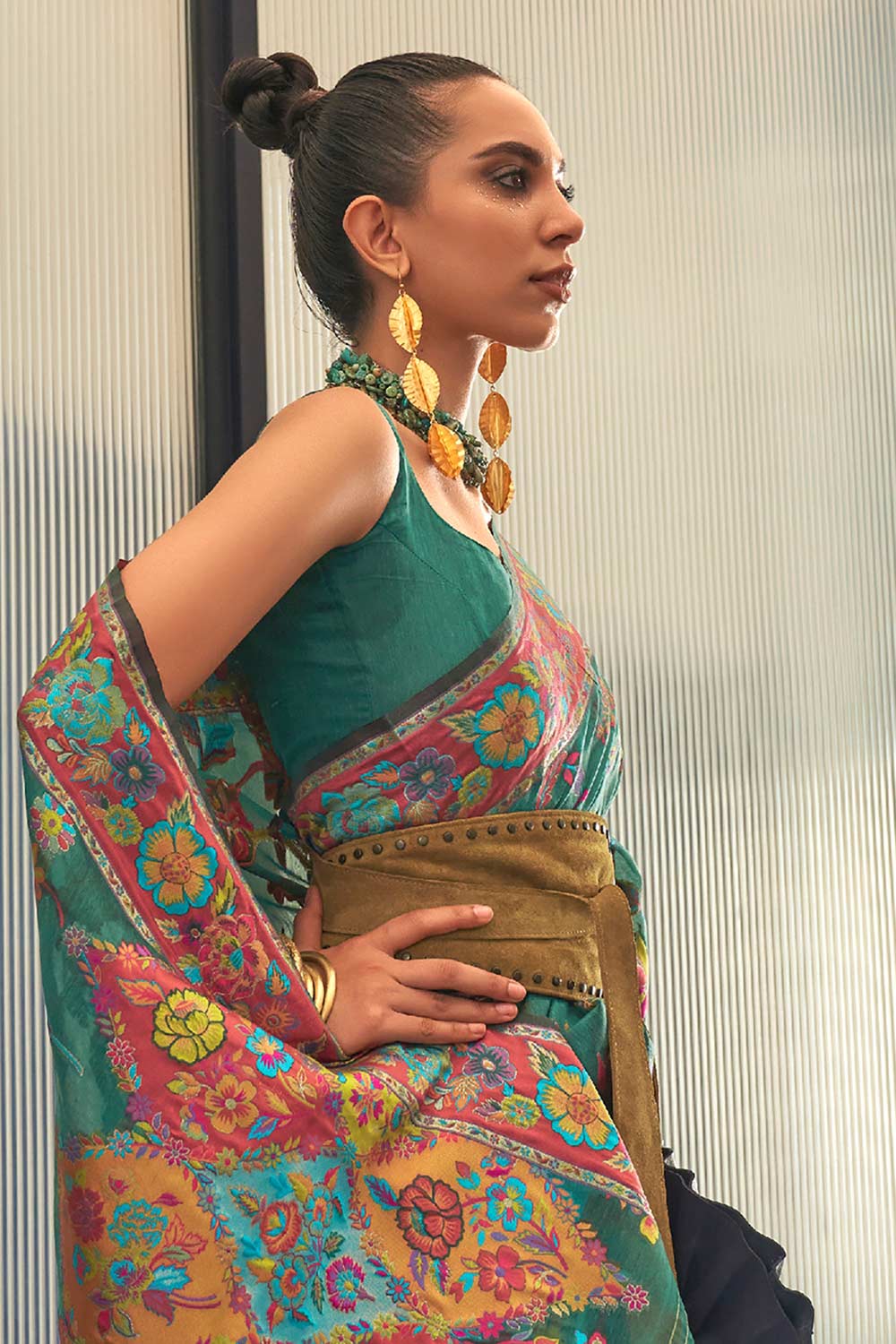 Buy Teal blue Art Silk Botanical Design One Minute Saree Online