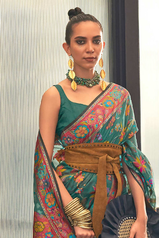 Buy Teal blue Art Silk Botanical Design One Minute Saree Online - Front