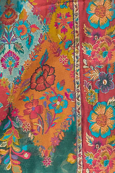 Buy Teal blue Art Silk Botanical Design One Minute Saree Online - Side