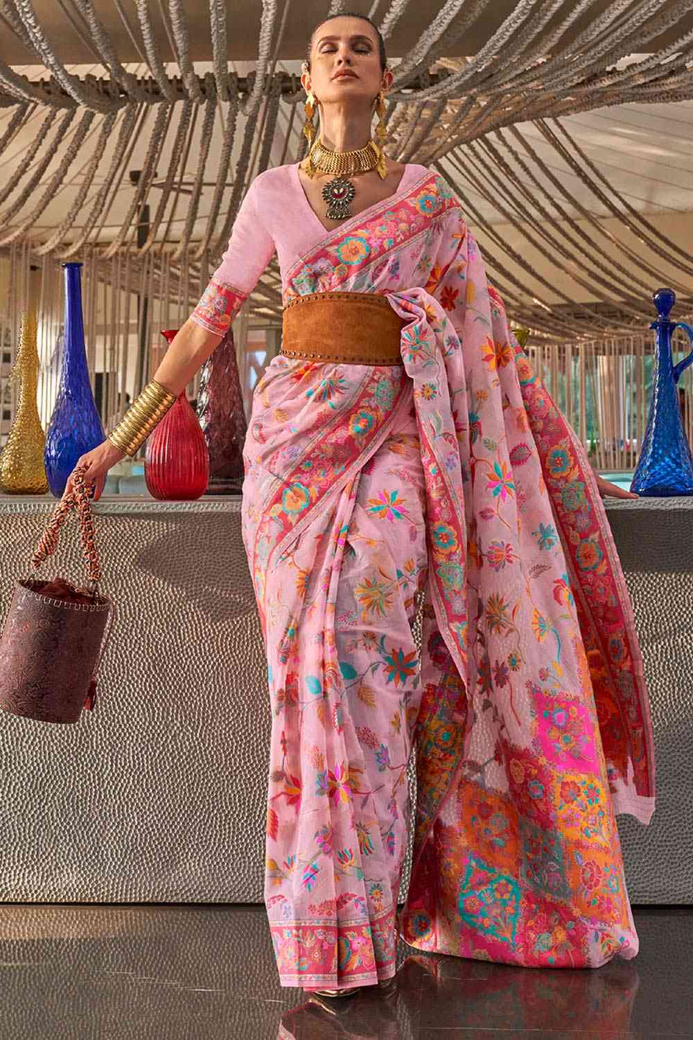 Buy Pink Art Silk Botanical Design One Minute Saree Online
