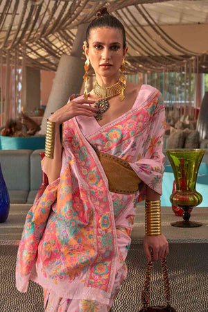Buy Pink Art Silk Botanical Design One Minute Saree Online - Back