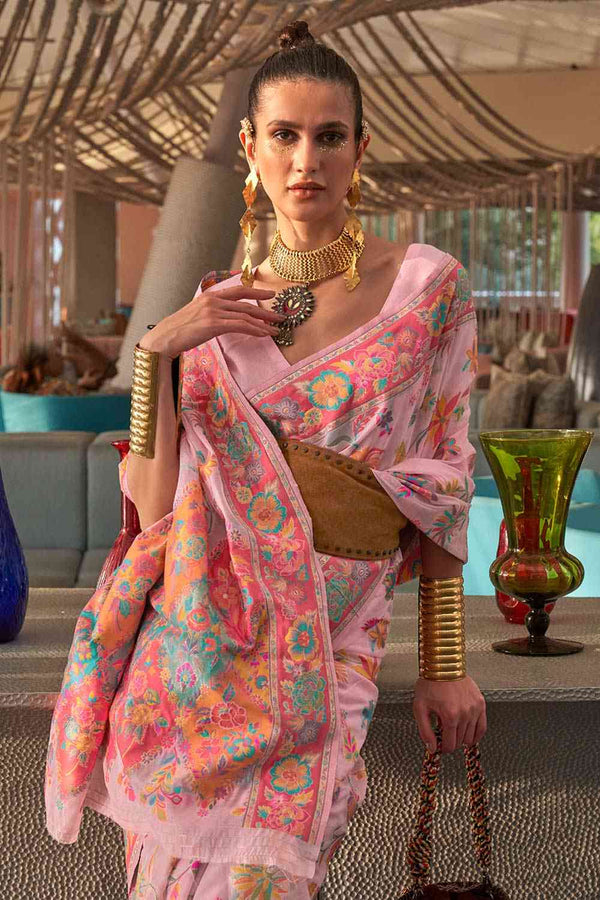 Buy Pink Art Silk Botanical Design One Minute Saree Online - Back