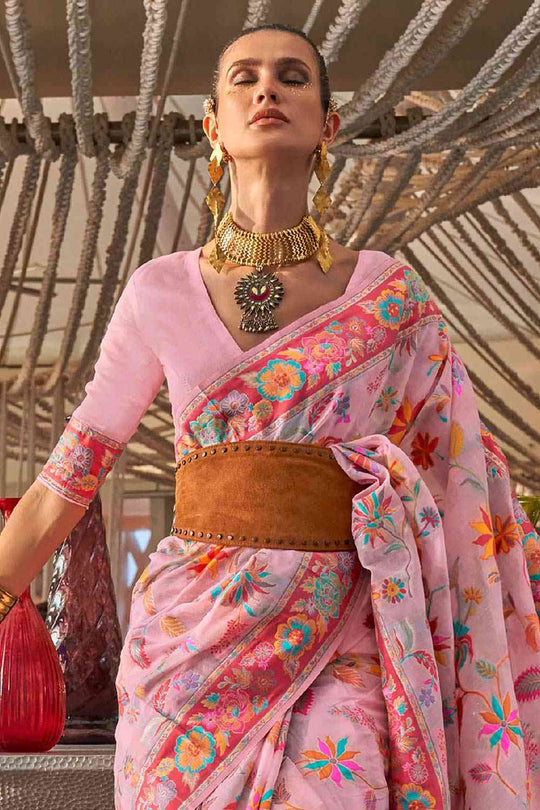 Buy Pink Art Silk Botanical Design One Minute Saree Online - Front