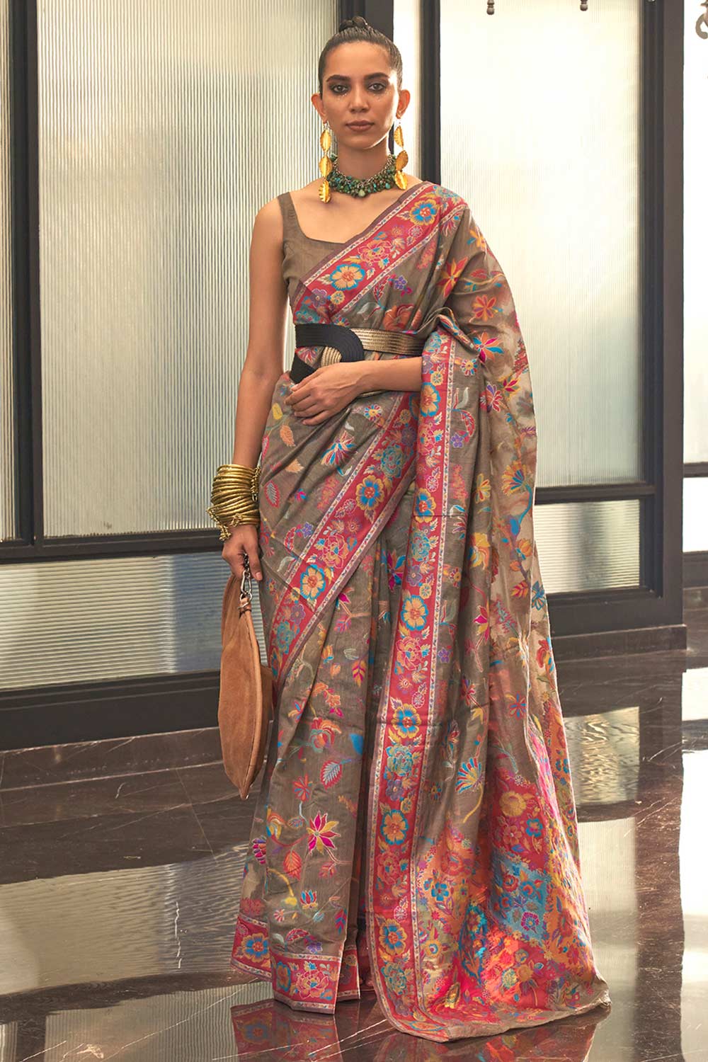 Buy Charcoal Grey Art Silk Botanical Design One Minute Saree Online