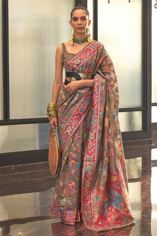 Buy Charcoal Grey Art Silk Botanical Design One Minute Saree Online