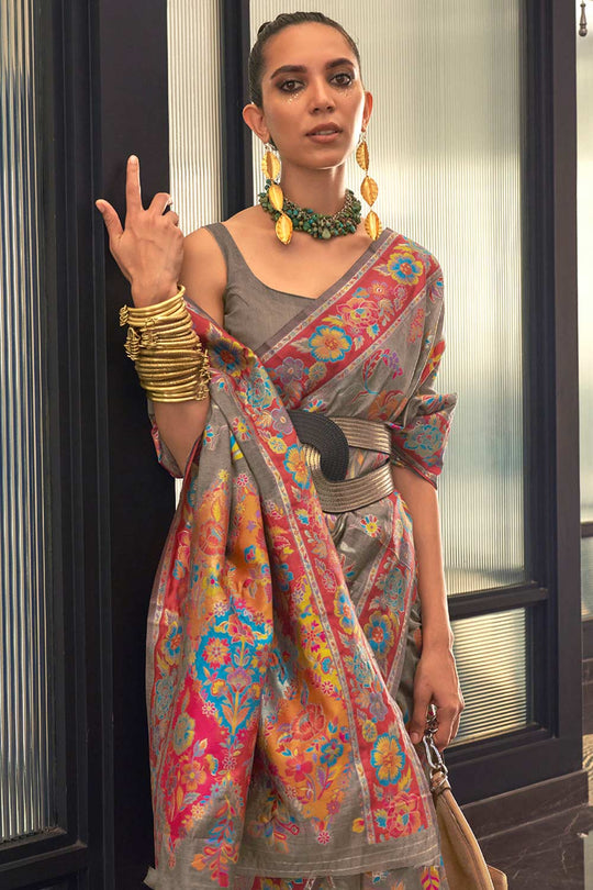 Buy Charcoal Grey Art Silk Botanical Design One Minute Saree Online - Back