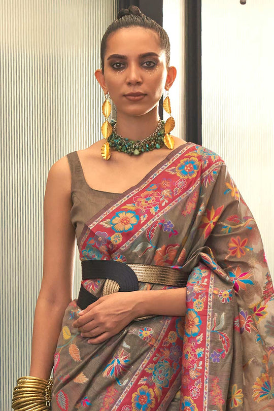 Buy Charcoal Grey Art Silk Botanical Design One Minute Saree Online - Front