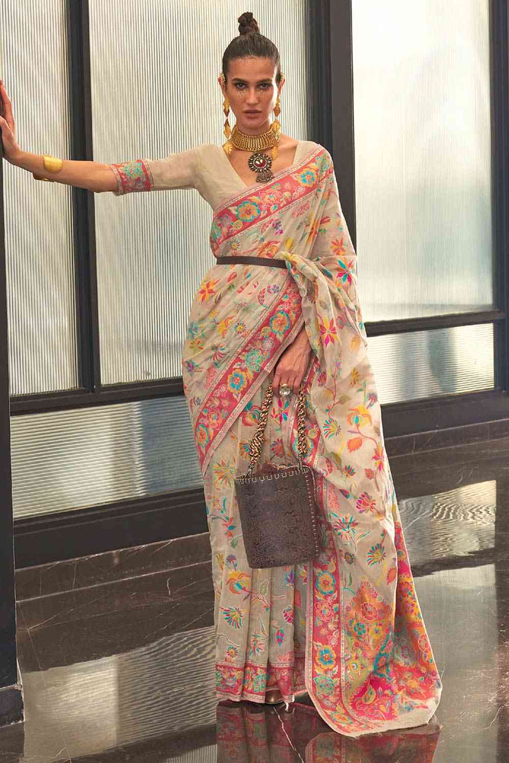 Buy Cream Art Silk Botanical Design One Minute Saree Online