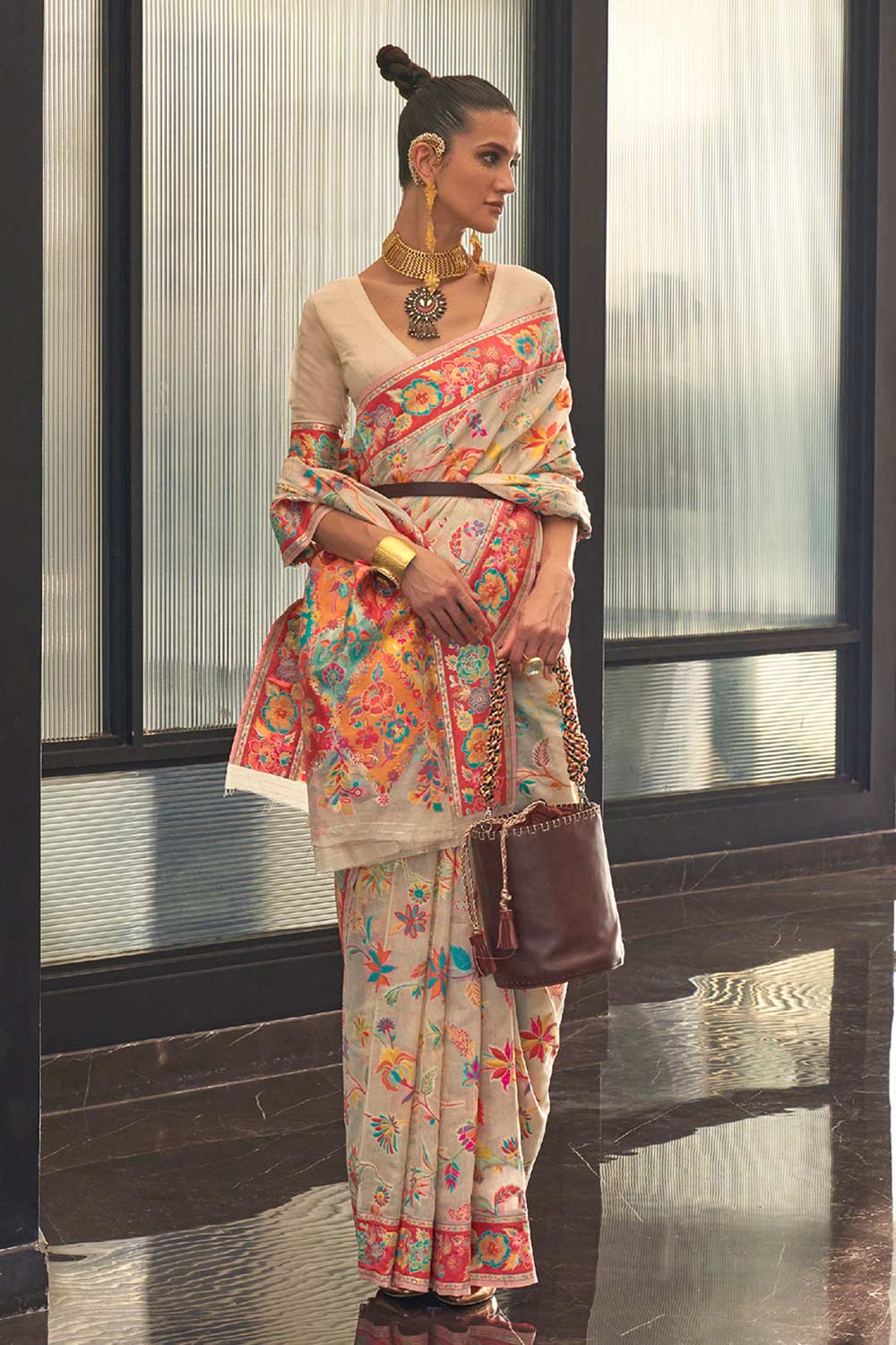 Buy Cream Art Silk Botanical Design One Minute Saree Online