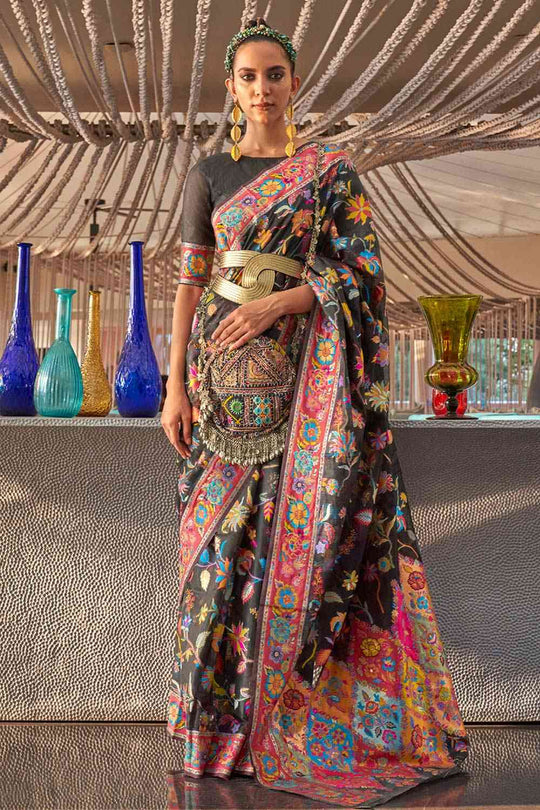 Buy Black Art Silk Botanical Design One Minute Saree Online
