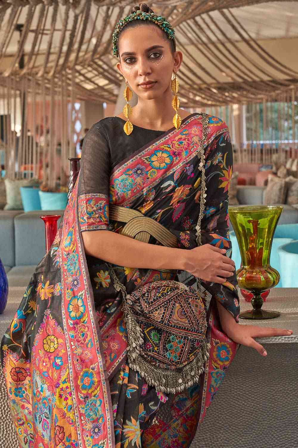 Buy Black Art Silk Botanical Design One Minute Saree Online - Back