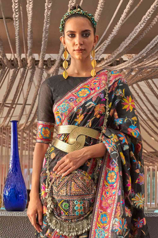 Buy Black Art Silk Botanical Design One Minute Saree Online - Front